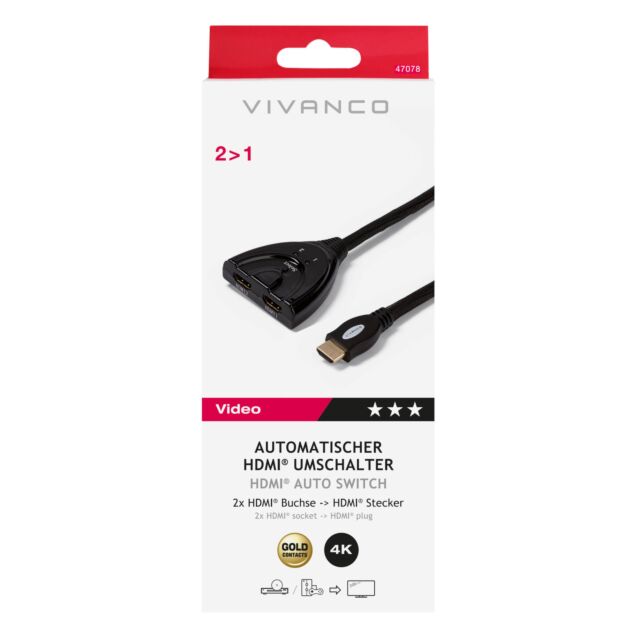 Vivanco 47078 Automatic HDMI Switcher (2 X Soc-1 X Plug)